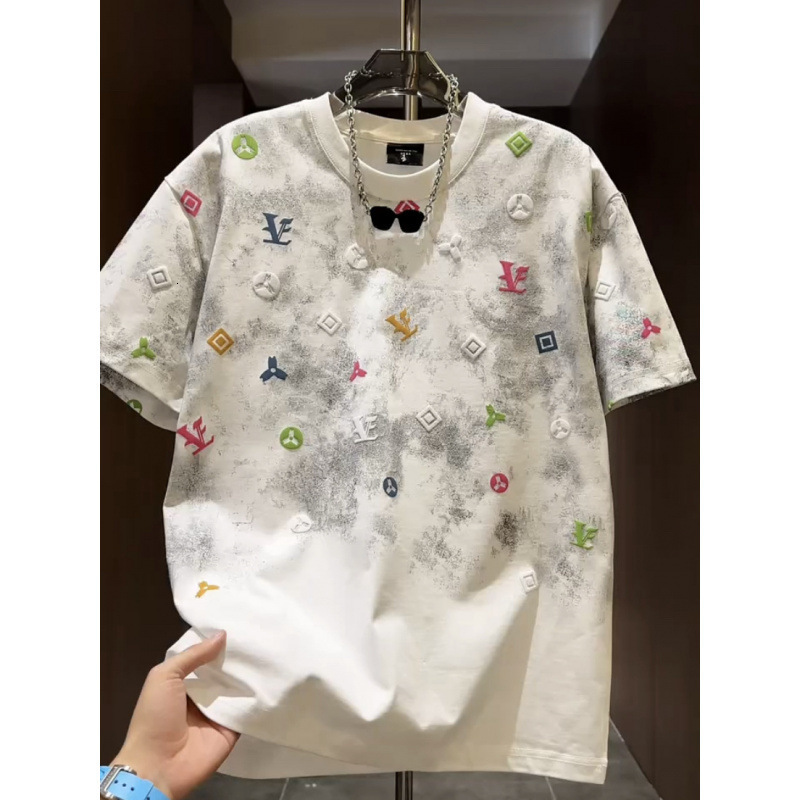 European Style Tie-dye Round Neck Short Sleeve Men's Designer Hoodie Light Luxury New Summer Trend Loose Designer Shirt American Style Half Sleev