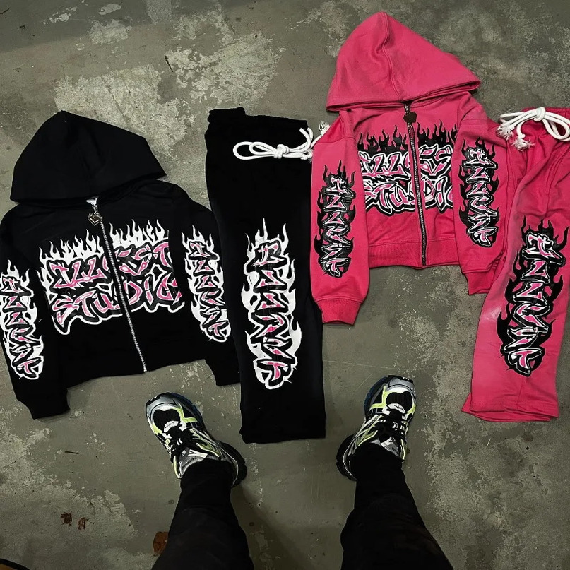 American Gothic Trendy Letters Printed Oversized Sweatshirt Set Mens Fashion Casual Loose Pants Zippered 240601