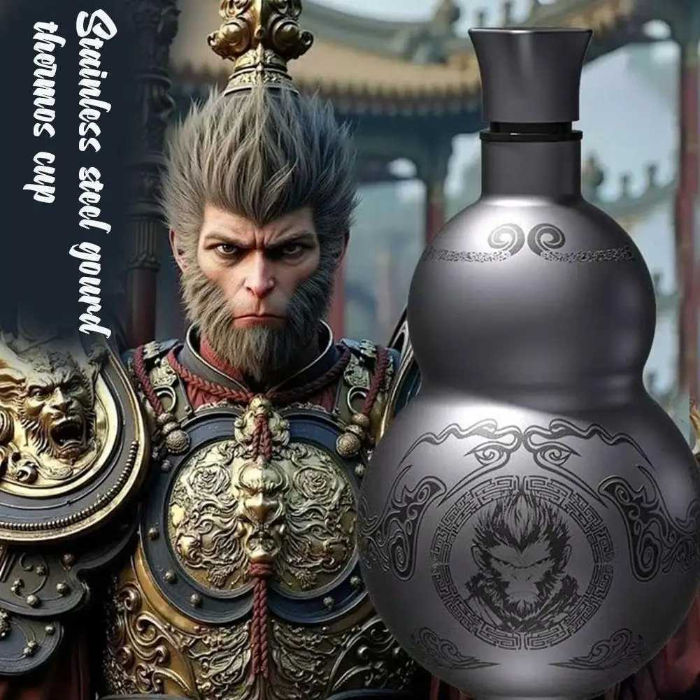 Portable Wukong Theme Gourd Style Water Bottle 304 Stainless Steel Thermal Insulation Cup Black Game Cosplay Lanyard Outdoor C251011 W260226