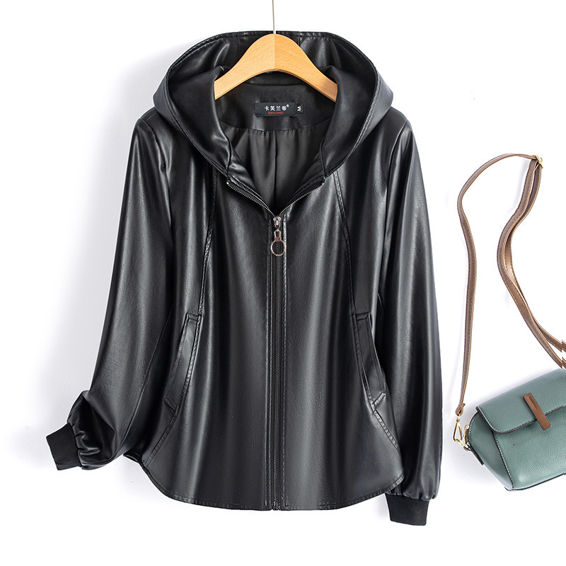 2024 Autumn New Korean Style Womens PU Leather Jacket Plus Size Loose Fit Hooded Collar 201030