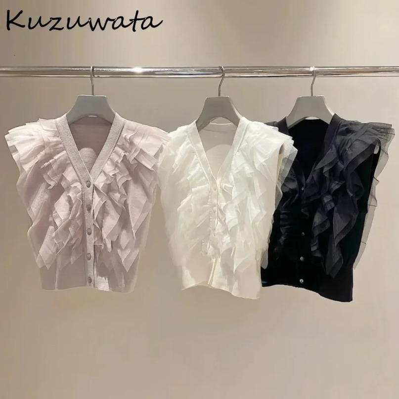 Kuzuwata Sweet V Neck Sleeveless Patchwork Jumper Knit Voile Single Breasted Allmatch Cardigan Japanese Fresh Ruffles Sweaters 250612