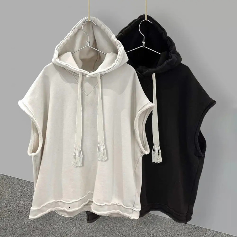 Hooded Drawstring Summer Men Tshirt Loose Solid Color Curled Edge Hip Hop Sleeveless Casual Pullover Tank Top Sports Hoodie 240601