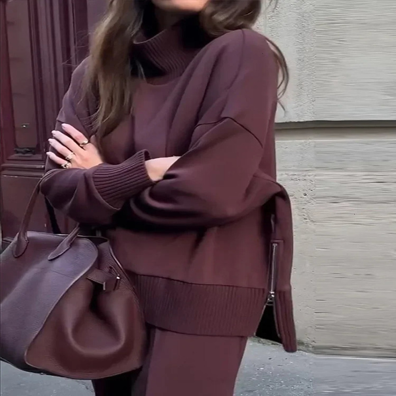 Elegant Knitted Sweater Pants Set for Women Zipper Turtleneck Long Sleeve Tops Wide Leg Trousers Spring Casual Loose Outfits 250729