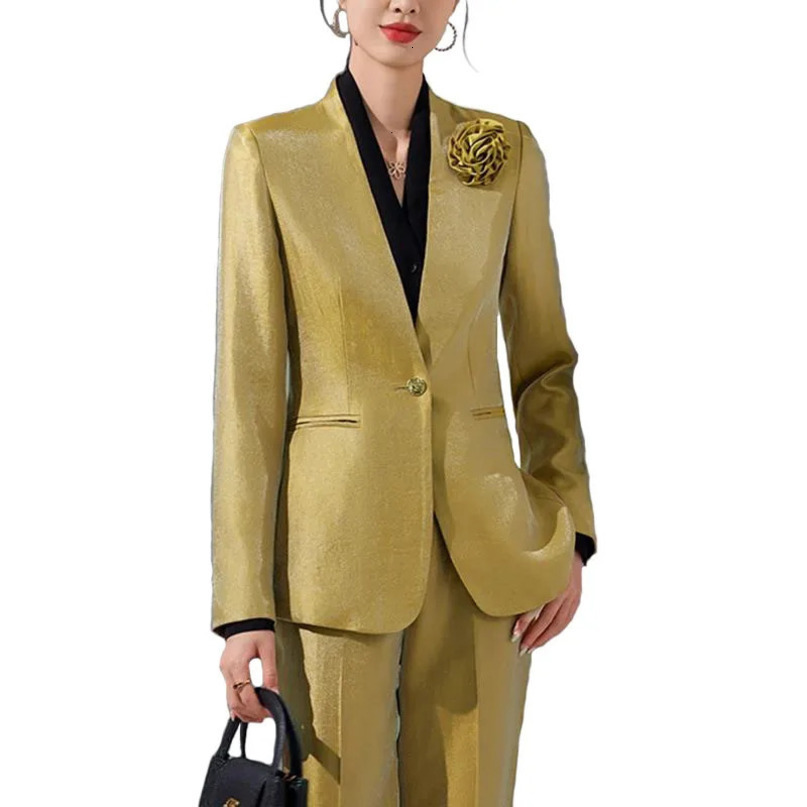 Womens jacket and pants set with gold decals two pieces autumn workwear mens solid color long sleeved top 241115