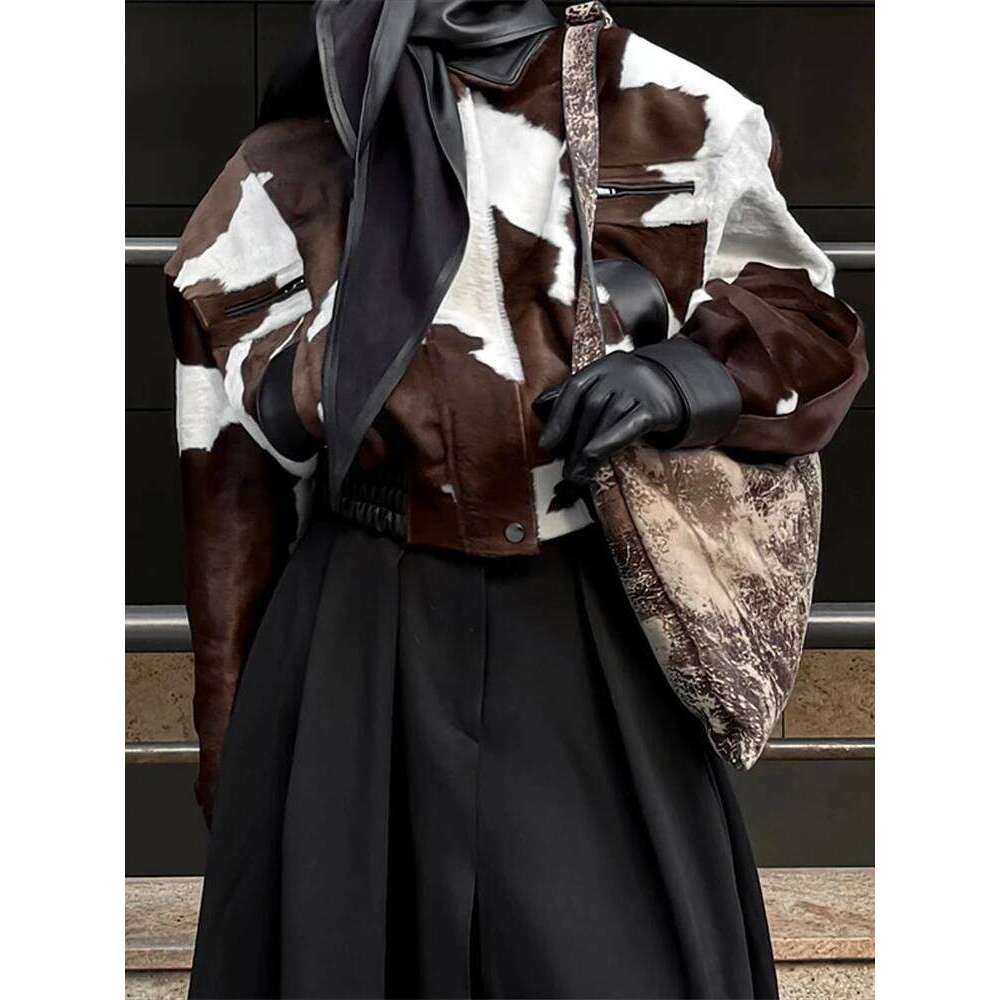 Fashion Womens Cow Print Jacket Lapel Collar Short Length Zipper Button Coats Autumn Winter Female Trendy Warm Outerwear