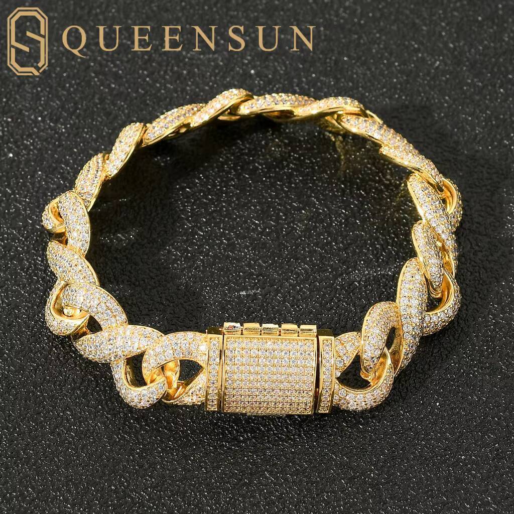 Queensun 14K Solid White Gold 15mm Infinite Cuban Chain Bracelet IGI GRA Lab Grown Diamond Hiphop Party Hiphop Bangles for Gift