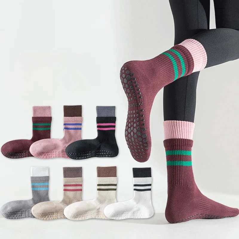 Women Yoga Socks Cotton Knitted Indoor Workout Dance Sports Socks Casual Striped Silicone Nonslip Gym Fitness Pilates SocksW251011