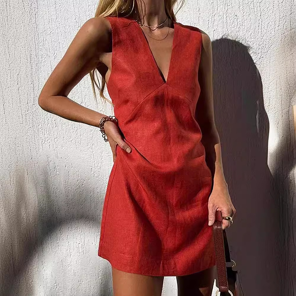 25 year designer short skirt V-neck cotton linen sleeveless dress for women's summer basic style solid color slim fit vest short skirt New Trend 