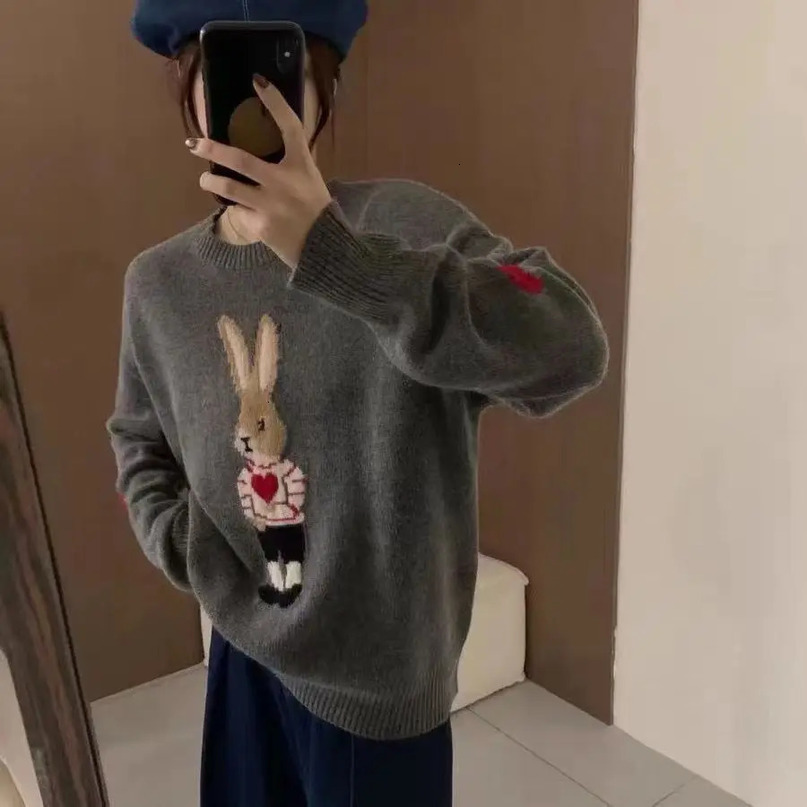Korean Fashion Y2k Pulls Autumn Winter Cartoon Bunny Round Neck Pullover Long Sleeve Knitted Sweater for Women 241021