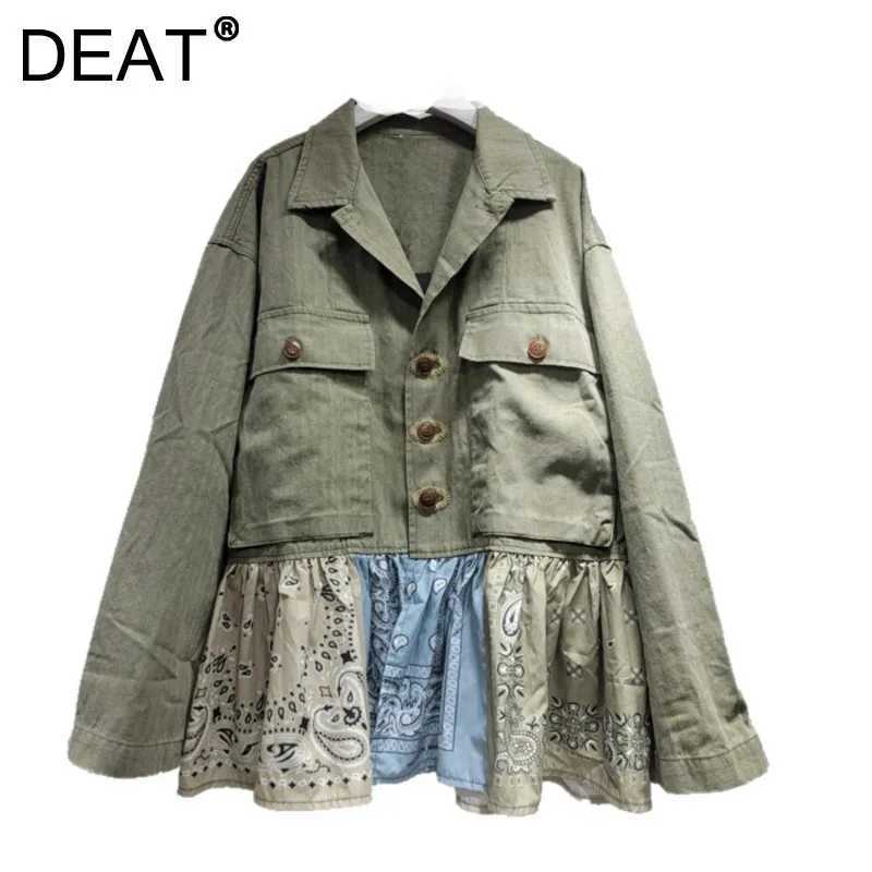 DEAT Womens Denim Coat Patchwork Printed Design Big Pockets Single Breasted Loose Jackets 2025 Autumn New Fashion 29A3449 L251010O8B0