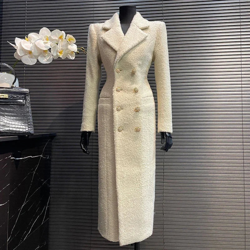 Small Fragrant Elegant Women Jacket Vintage Double Breasted Long Cotton Coat High Quality Autumn Faux Wool Outerwears 241217