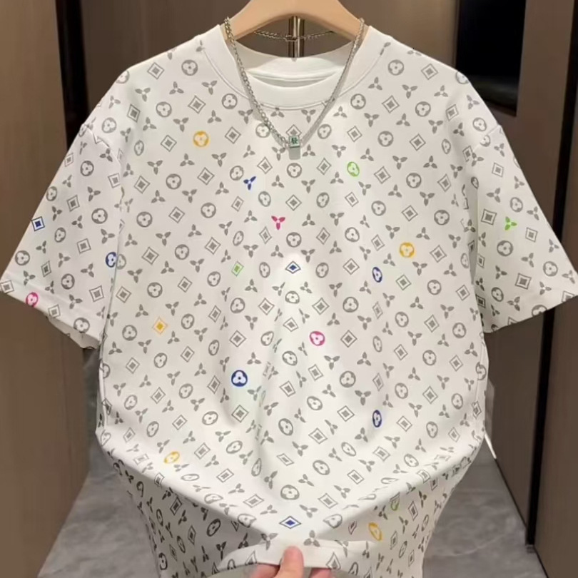 2025 Summer New Full Print Vintage Short Sleeve Men's Heavyweight T-shirt Designer Shirt Trendy Designer Hoodie Brand Versatile Crew Neck Top Cool Base Shirt