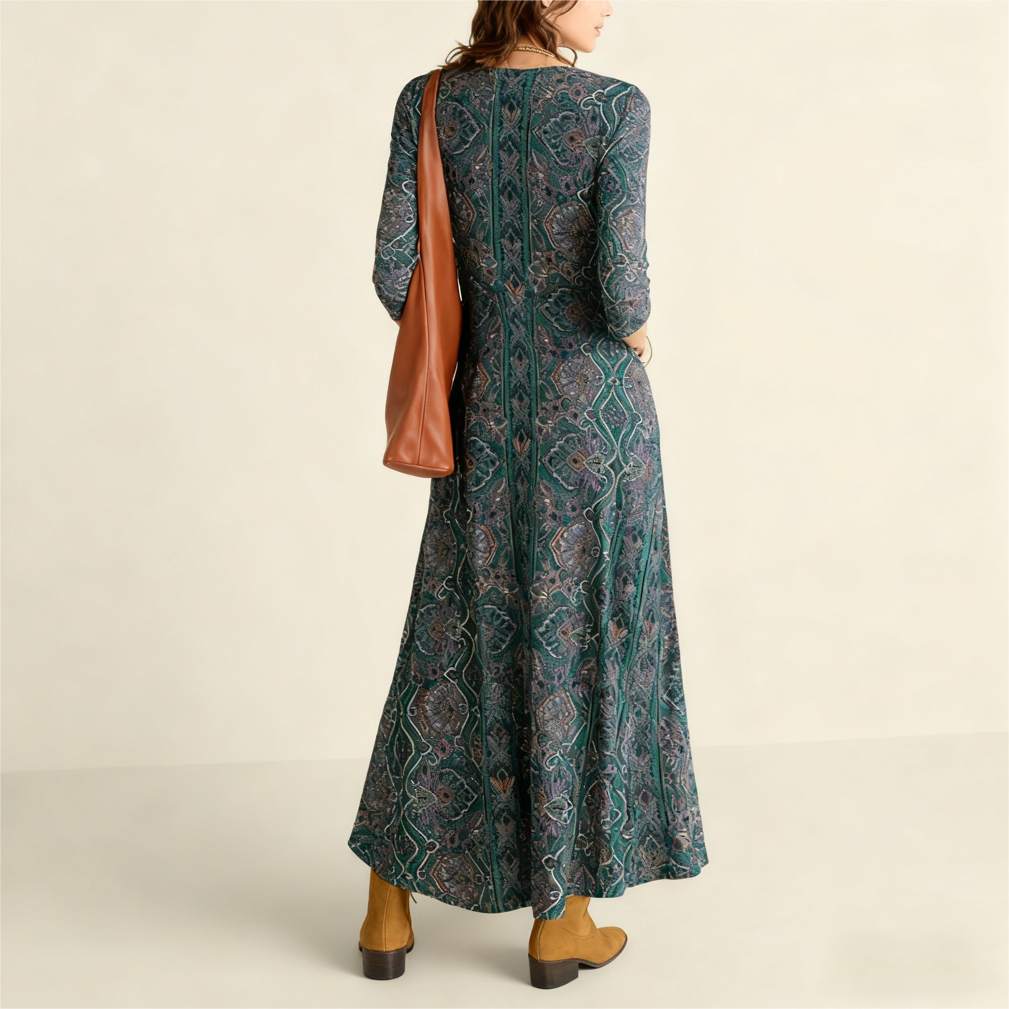 Women's Autumn Winter New Floral Printed Maxi Dress - Versatile Commute & Casual Dark Teal Dress-CF42328