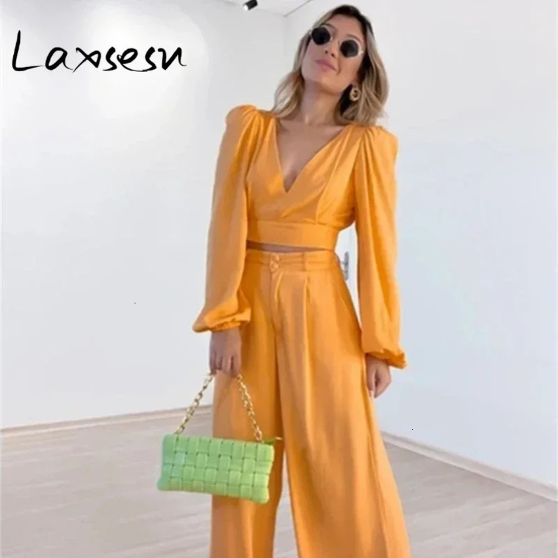 Laxsesu twopiece pants set sexy womens long sleeved shirtwide leg autumn streetwear casual clothing 241008