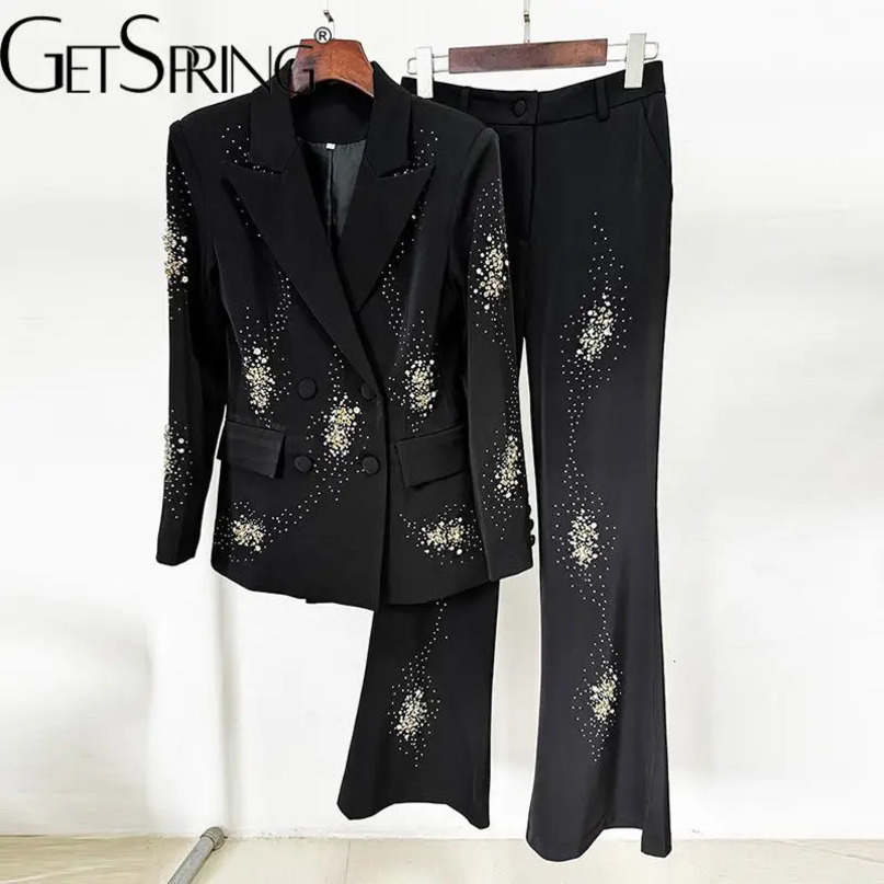 Get Spring Womens Pants Set Autumn Collection Beaded Diamond Black Jacket Coat High Waist Long Flash Two Piece 241115
