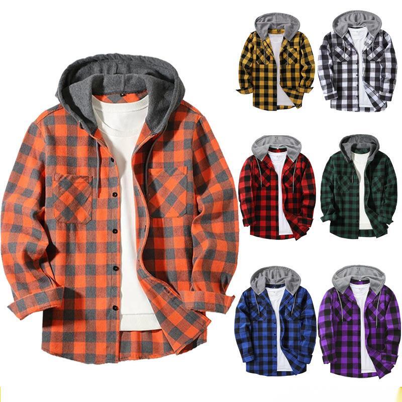 Youth Trend Plaid Loose Fit Sports Casual Single-Breasted Hooded Sweatshirt Round Neck Pocket Decoration Casual Fleece Plaid Hooded Sweatshirt