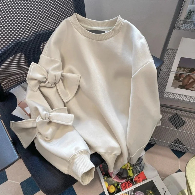 French Small Fragrance Sweatshirts Bow Solid Color O Neck Long Sleeve Casual Loose Hoodies Autumn Harajuku Y2k Womens Clothing 241203