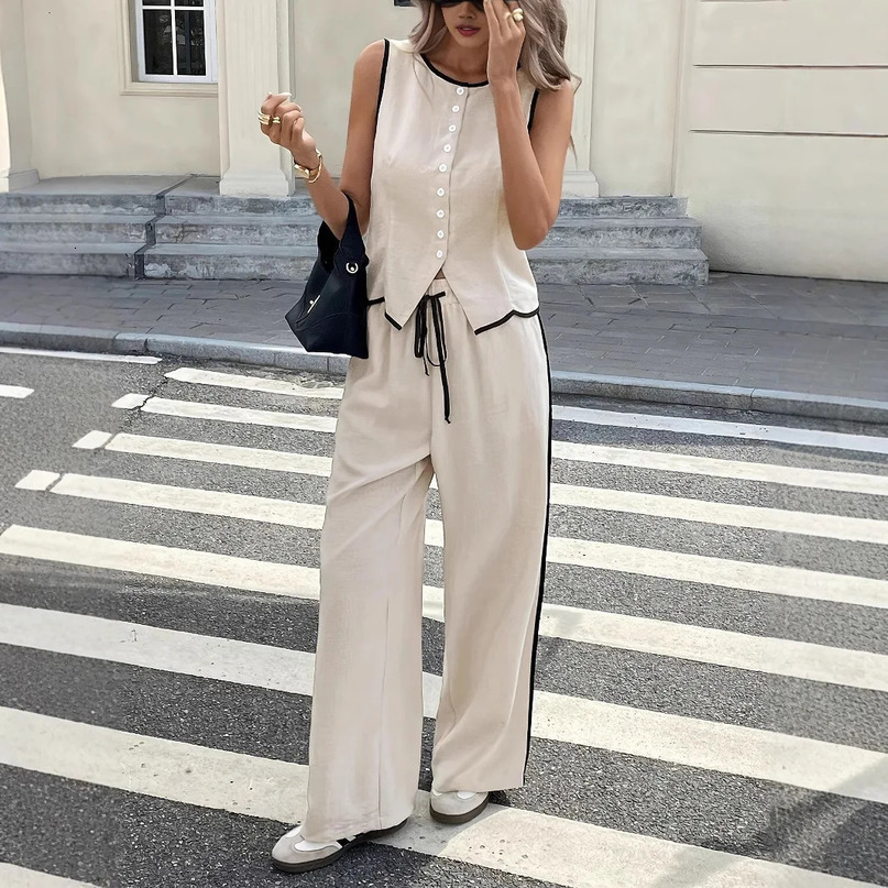 Summer Female Vest Pants Set Solid Sleeveless VNeck Top High Waist Casual Loose Twopiece Office Lady Suit Street 250729
