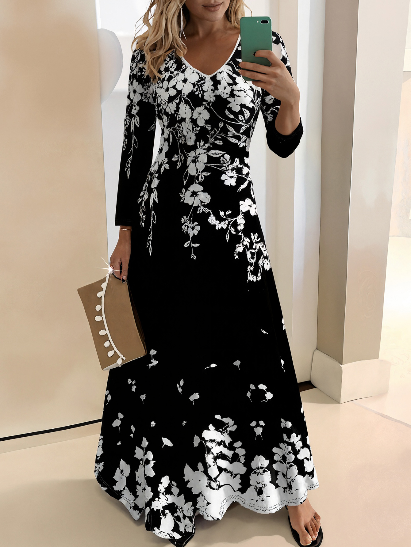 Women's Spring Autumn New Floral Printed Maxi Dress - Elegant Versatile Office & Casual Black Dress-CF40616