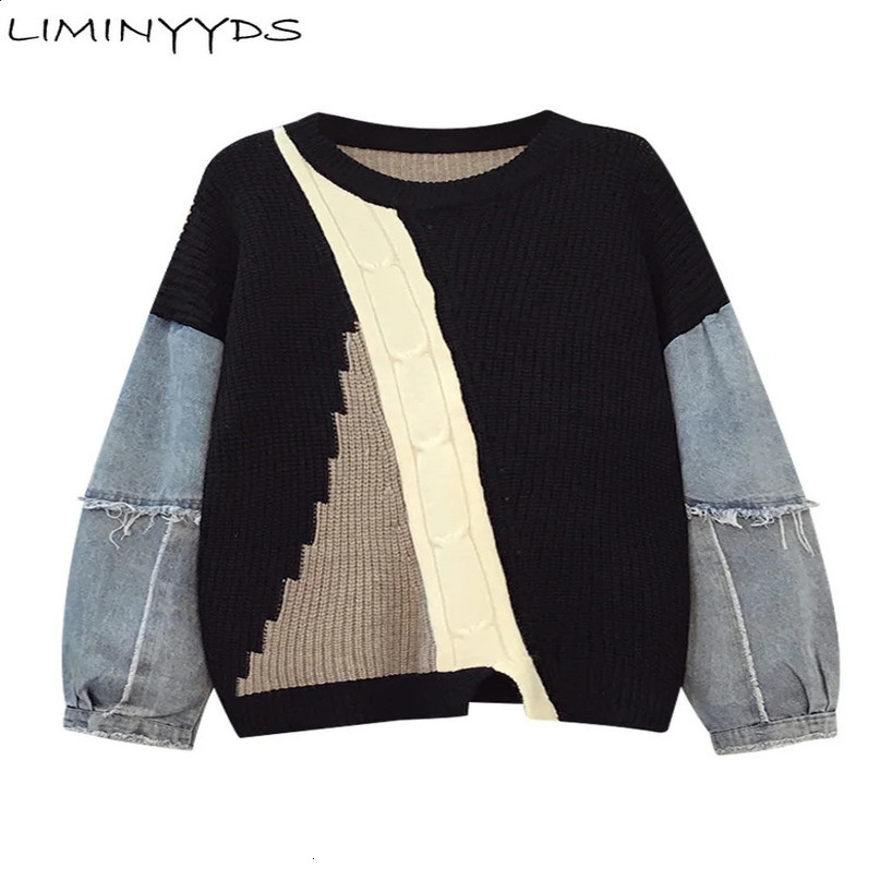 Fashion Hiphop Denim Stitching Sweater Womens Autumn And Winter n Sense Loose Lazy Retro Pullover 241021