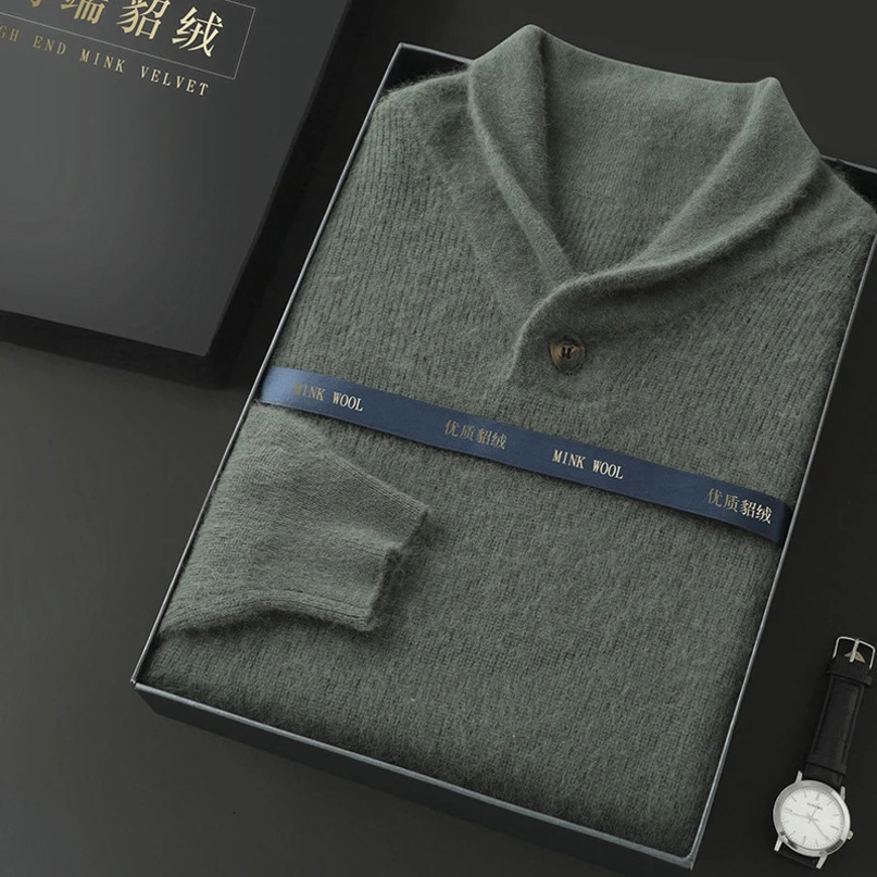 Selling 100% mink cashmere sweater mens long sleeved winter olive collar business casual bottom 241115