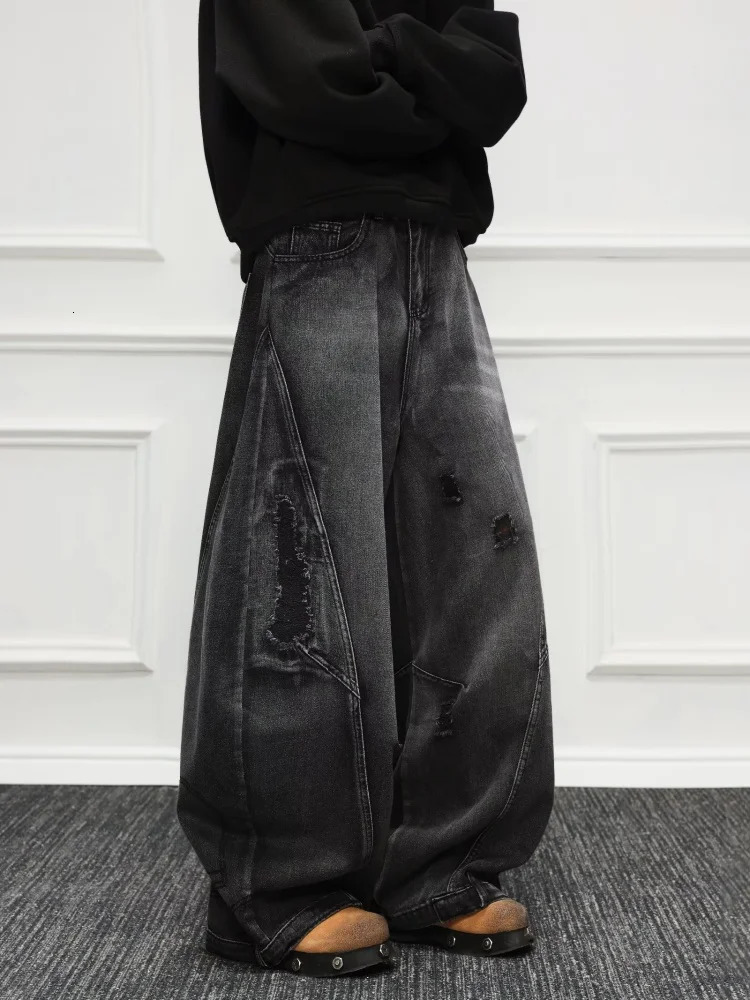 Trashy Y2K Streetwear Patchwork Black Grey Baggy Ripped Jeans Pants For Men Clothing Wide Leg Loose Trousers Ropa Hombre 251009