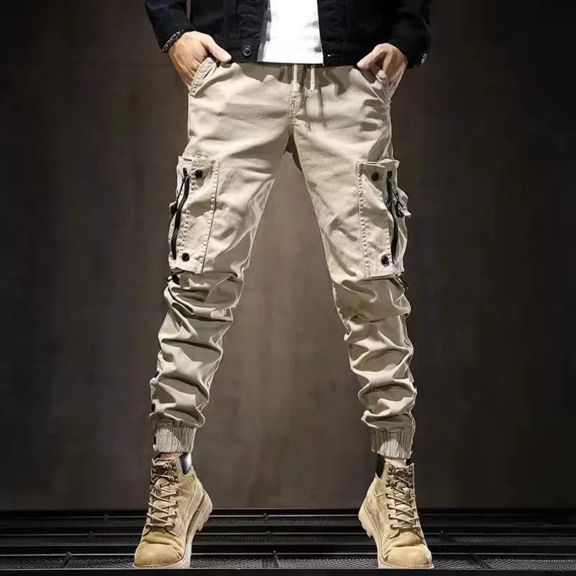 Retro American khaki mens drilling cargo pants fashionable slim fit casual small foot binding tactics 240827