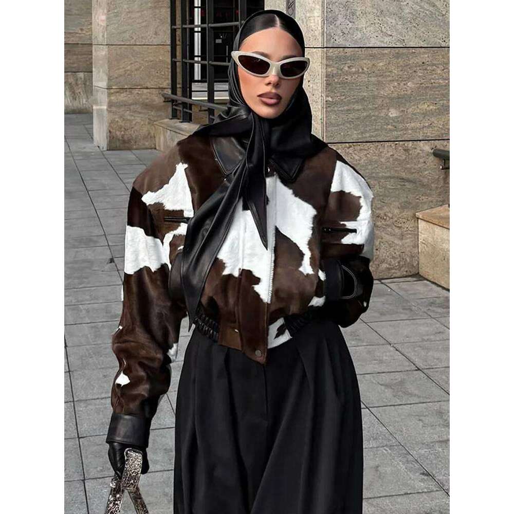 Fashion Womens Cow Print Jacket Lapel Collar Short Length Zipper Button Coats Autumn Winter Female Trendy Warm Outerwear