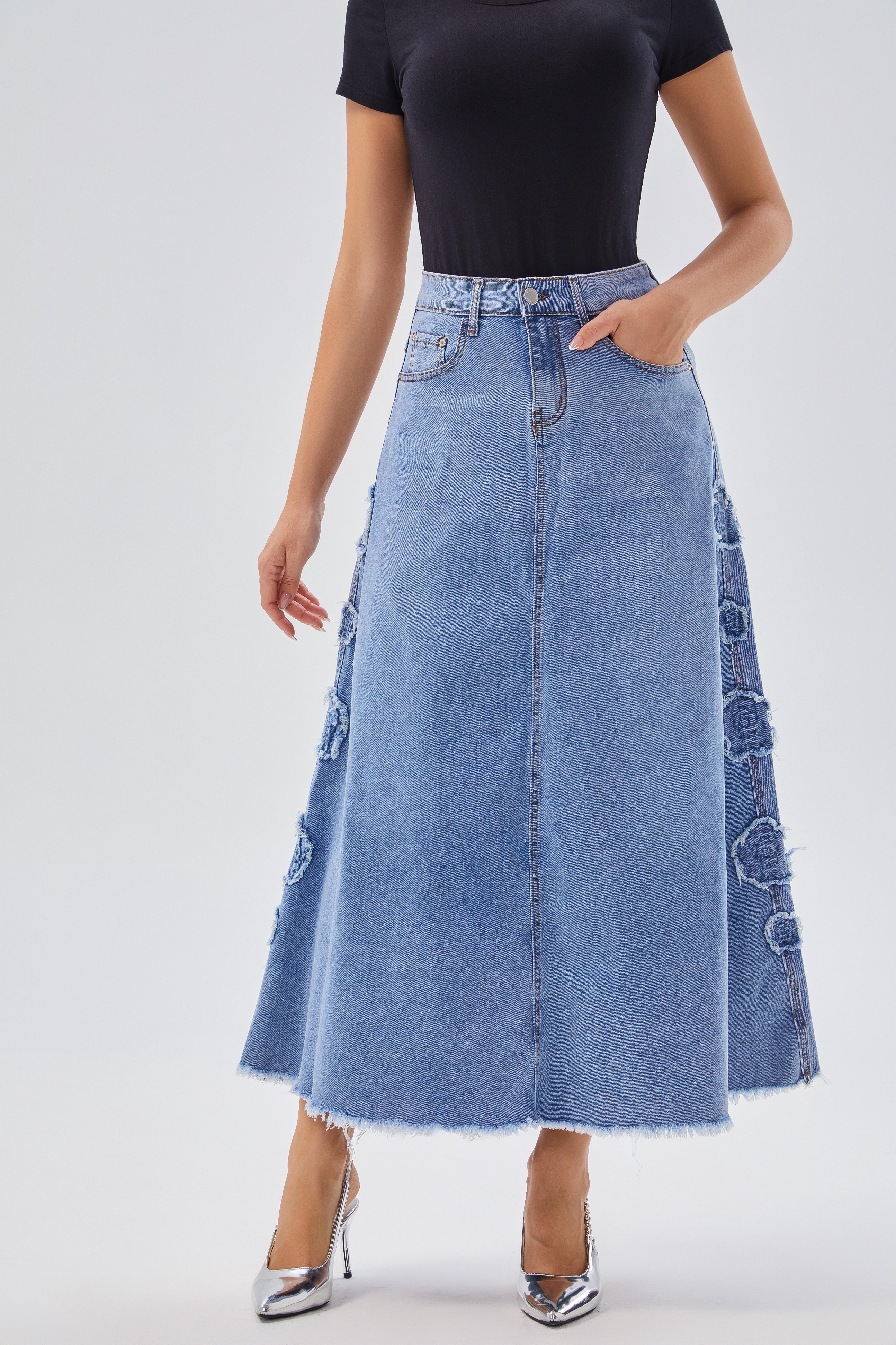 Skirts Women's High - Waisted Denim A - line Maxi Skirt with Flower Applique - Bohemian Style, Ideal for Festival & Casual Wear