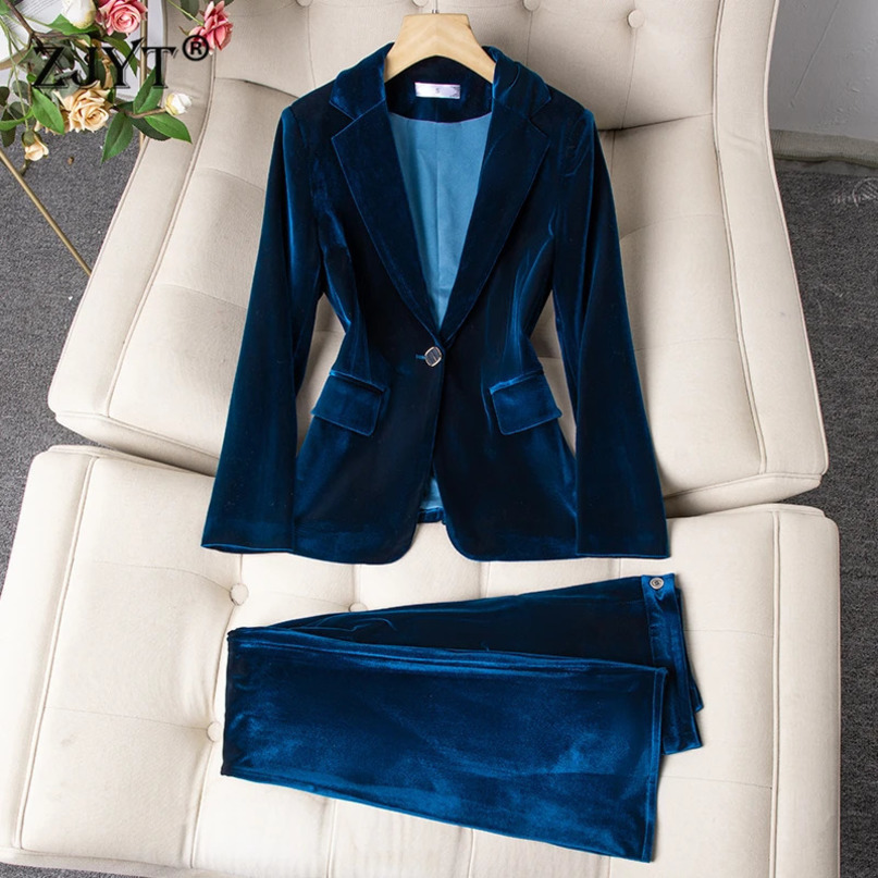 ZJYT Autumn Velvet Jacket Pants Set Two Piece Womens Elegant One Button Trouser Office Work Clothes 241115