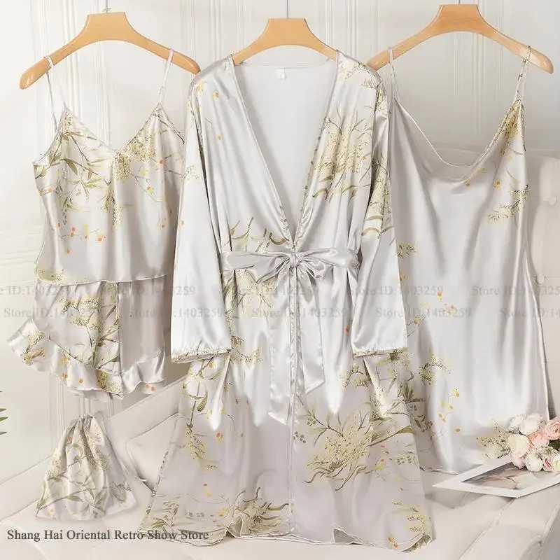 Spring Summer New Female Pajamas 4Pcs Set Print Cherry Sleepwear Kimono Bathrobe Gown Loose Satin Home Clothes Loungewear Pyjama Y251010