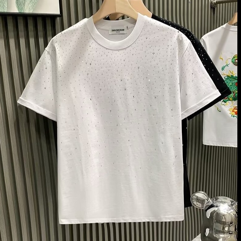 Light luxury fashion casual versatile short sleeved T-shirt new classic with diamonds round neck top hot sale