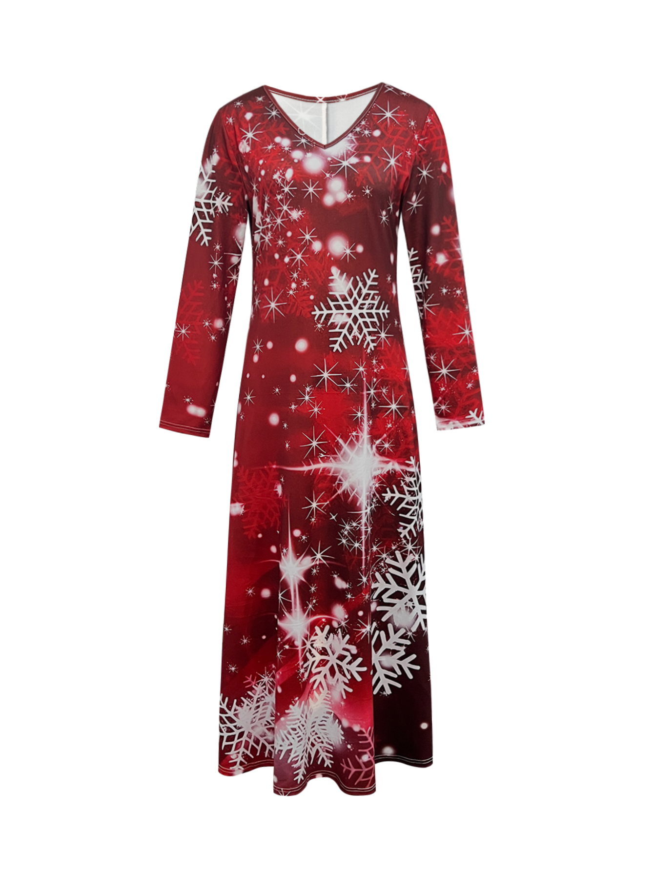 Women's Autumn Winter Christmas Snowflake Printed Dress - Festive V - Neck Long - Sleeve Red Dress-CF51194