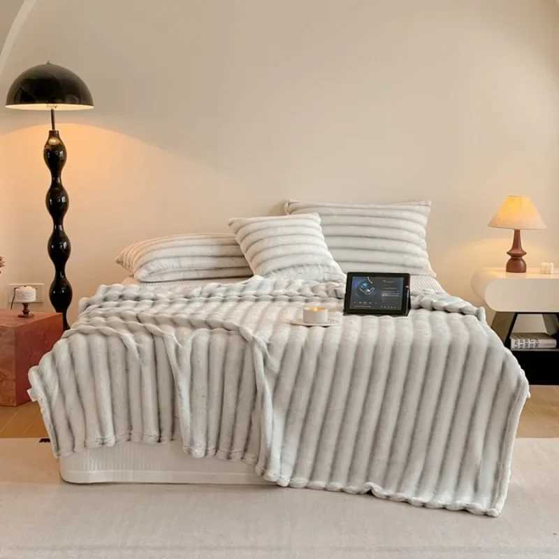 New Rabbit Plush Back Printed Striped Blanket Multifunctional Blanket High Gram Weight Falai Milk Plush Coral Rabbit Plush C251011