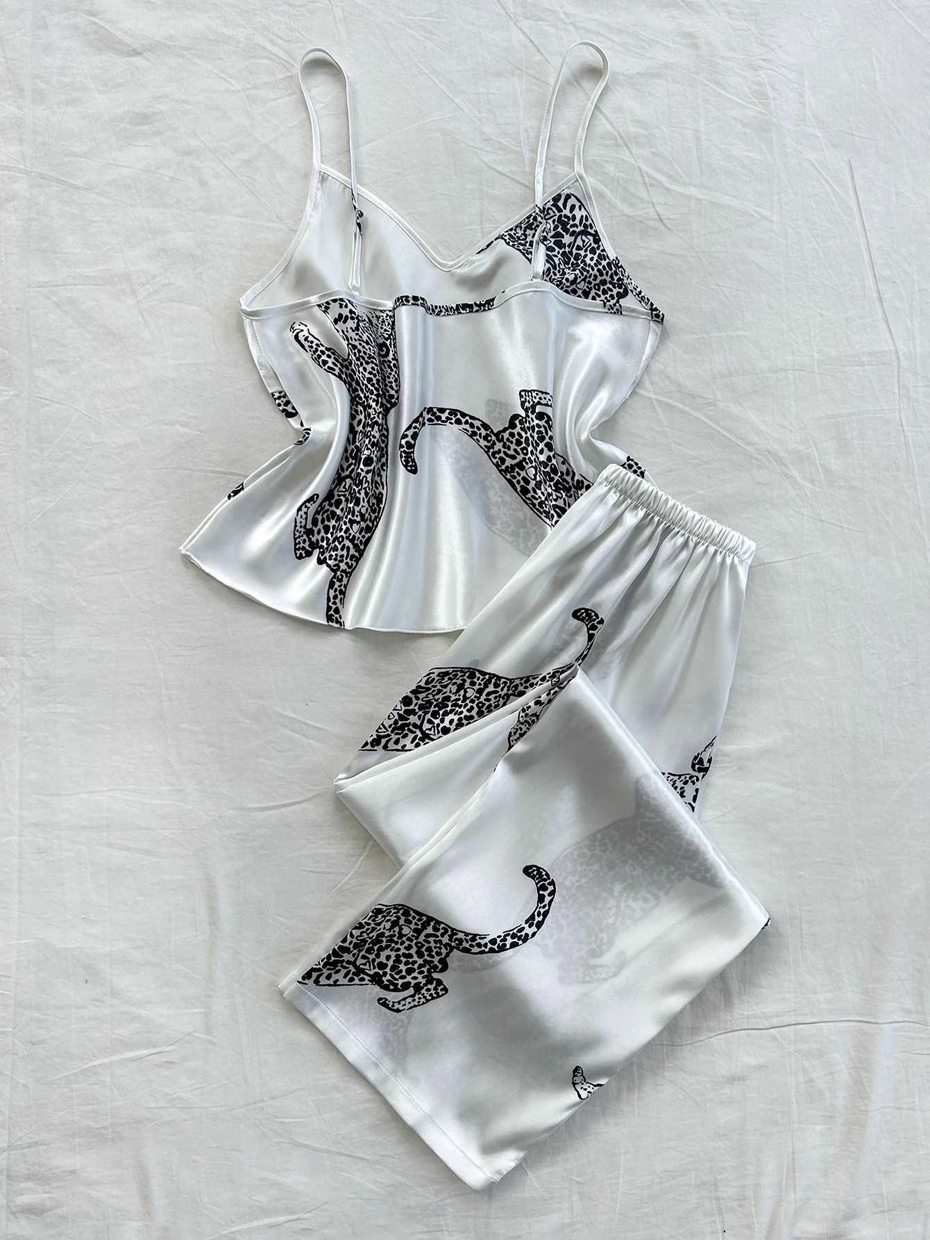 Comfortable Fashionable 2pcs VNeck Leopard Print Suspender Long Pants Pajama Set Y251010