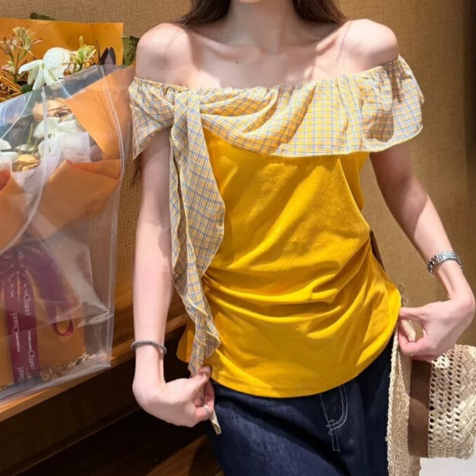Summer New Pure Desire Designer Shirt Style Unique Off-shoulder Plaid Color-block Waist-slimming Short-sleeve Top Women's Designer Hoodie Summer Yellow