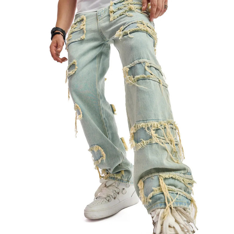 Retro Style Men Ripped Patch Splicing Motorcycle Loose Jeans Pants Male Solid Stylish Casual Straight Biker Denim Trousers 240619