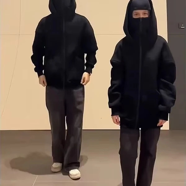 Hip Hop Double Hat Zipper Hoodies Balaclava Clean Fit Winter Warm Casual Sweatshirt Men Women Y2K Goth Streetwear Thick Jacket 251017CJ