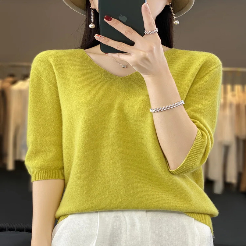 Aliselect short sleeved womens knitted sweater 100% pure Merino wool cashmere spring fashion Vneck top with floral clothing 240826