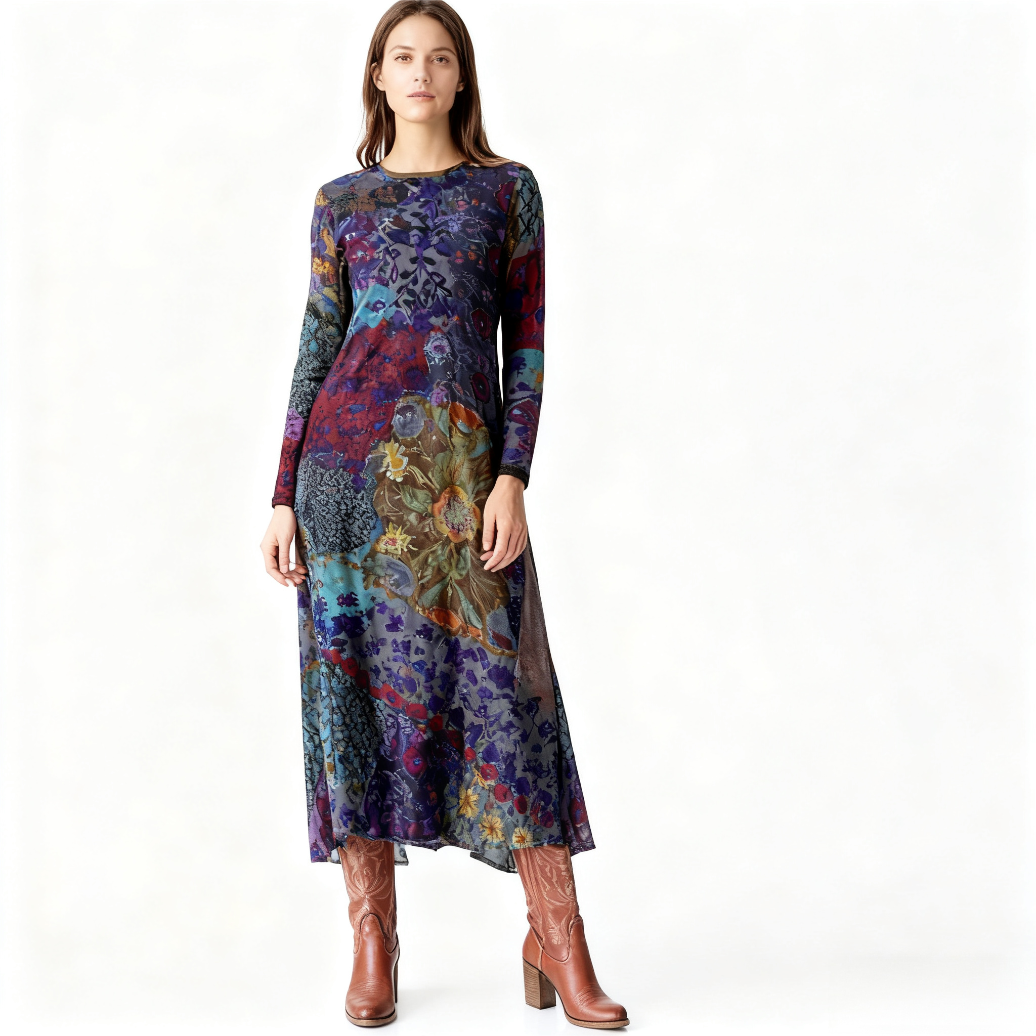 Women's Autumn Winter New Floral Patchwork Maxi Dress - Vintage & Casual Mixed - Color Dress-CF43251