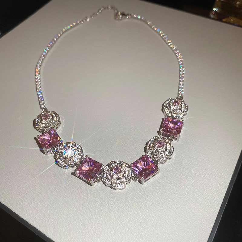 Zircon Flower Square Bracelet Necklace Set Fashionable Elegant Collarbone Chain Light Luxury High-end Versatile Earrings Jewelry - view 4
