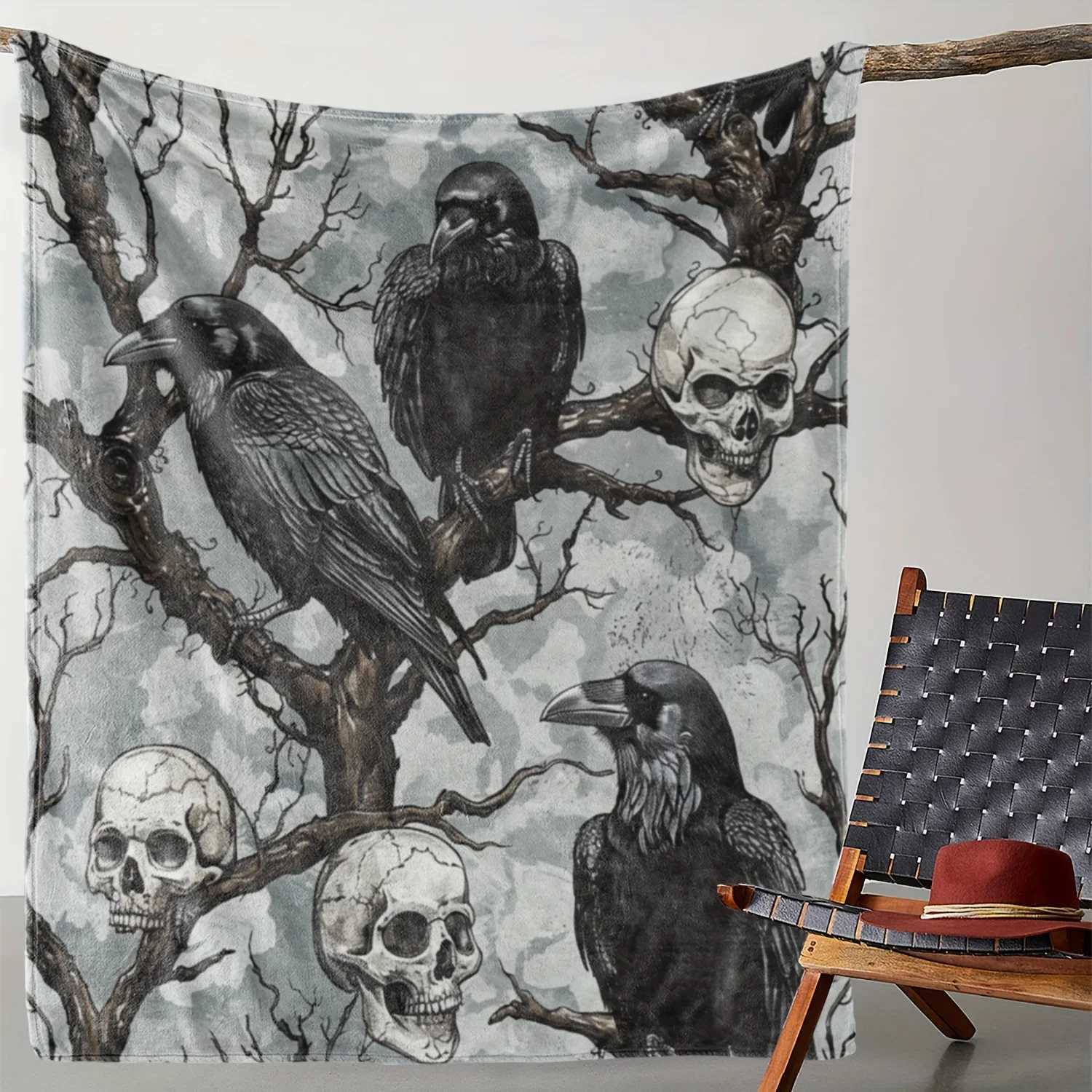 Vintage Halloween Skull Black Crow Flannel Throw Blanket Soft Warm and Cozy for Couch Bed Car Office Camping C251011