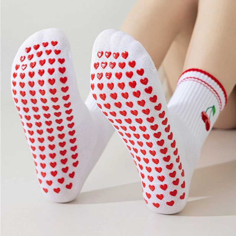 Embroidery Cherryes Yoga Pilates socks for women Nonslip floor sports Calf socks Fashion allmatch trend socksW251011