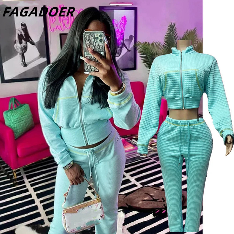 FAGADOER INS Autumn 2piece set waffle biscuit zipper patch work sweater jacket and pants fashionable sports streetwear 241008