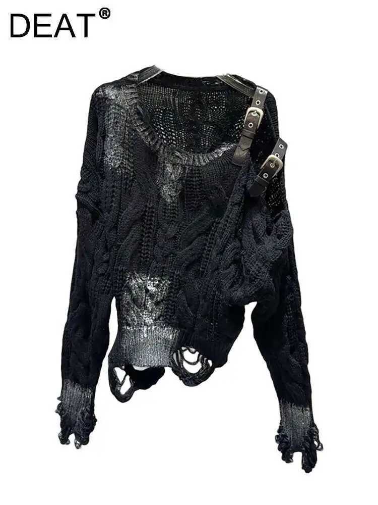 DEAT Womens Sweater Off Shoulder Loose Knitted Holes Long Slve Irregular Pullover 2025 New Fashion Summer 11A0891 L251010E7FM