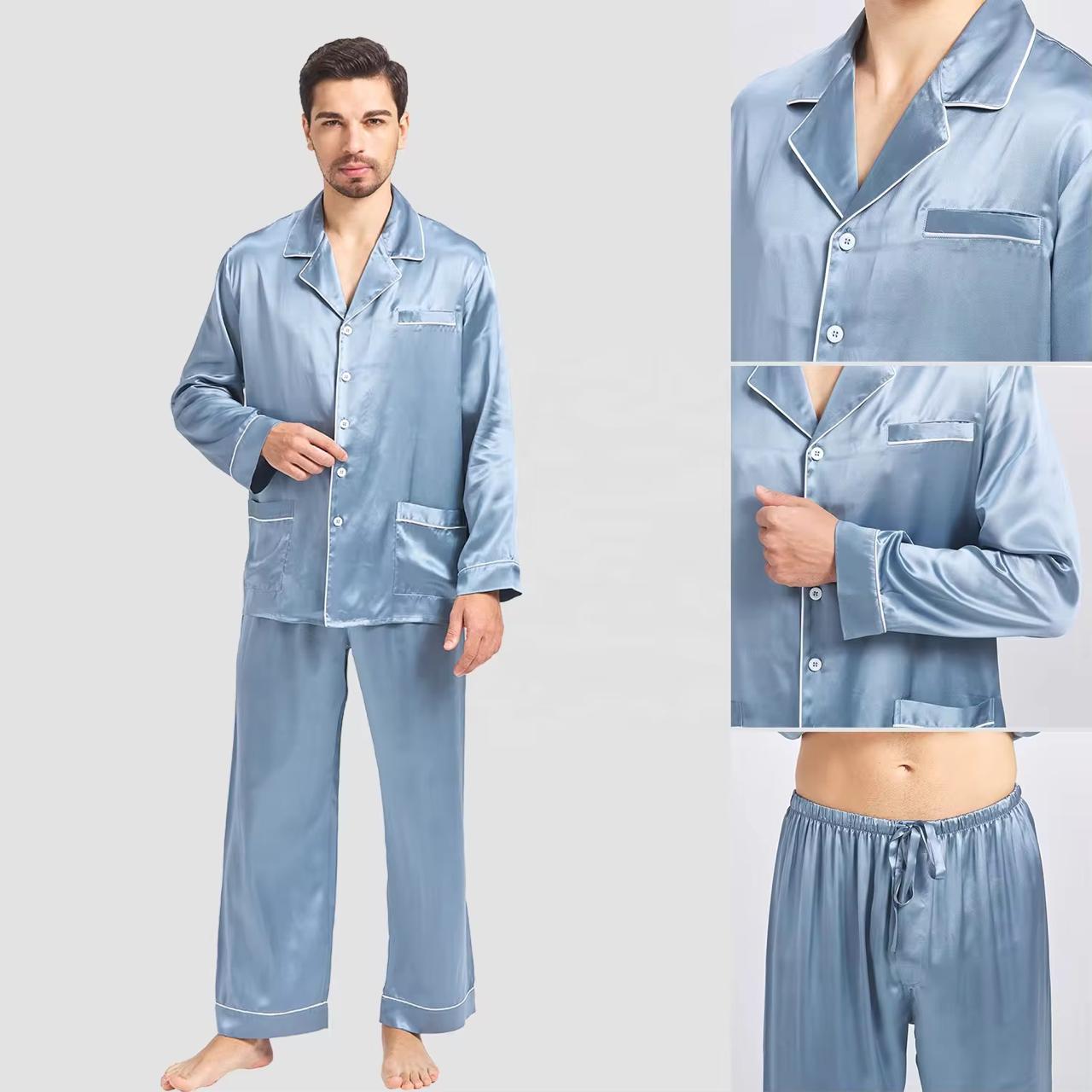 Luxury Satin Silk Men's Pajama Set Pants Top 2pcs Adult Pajamas Long Sleeve Solid Satin Men's Pajamas