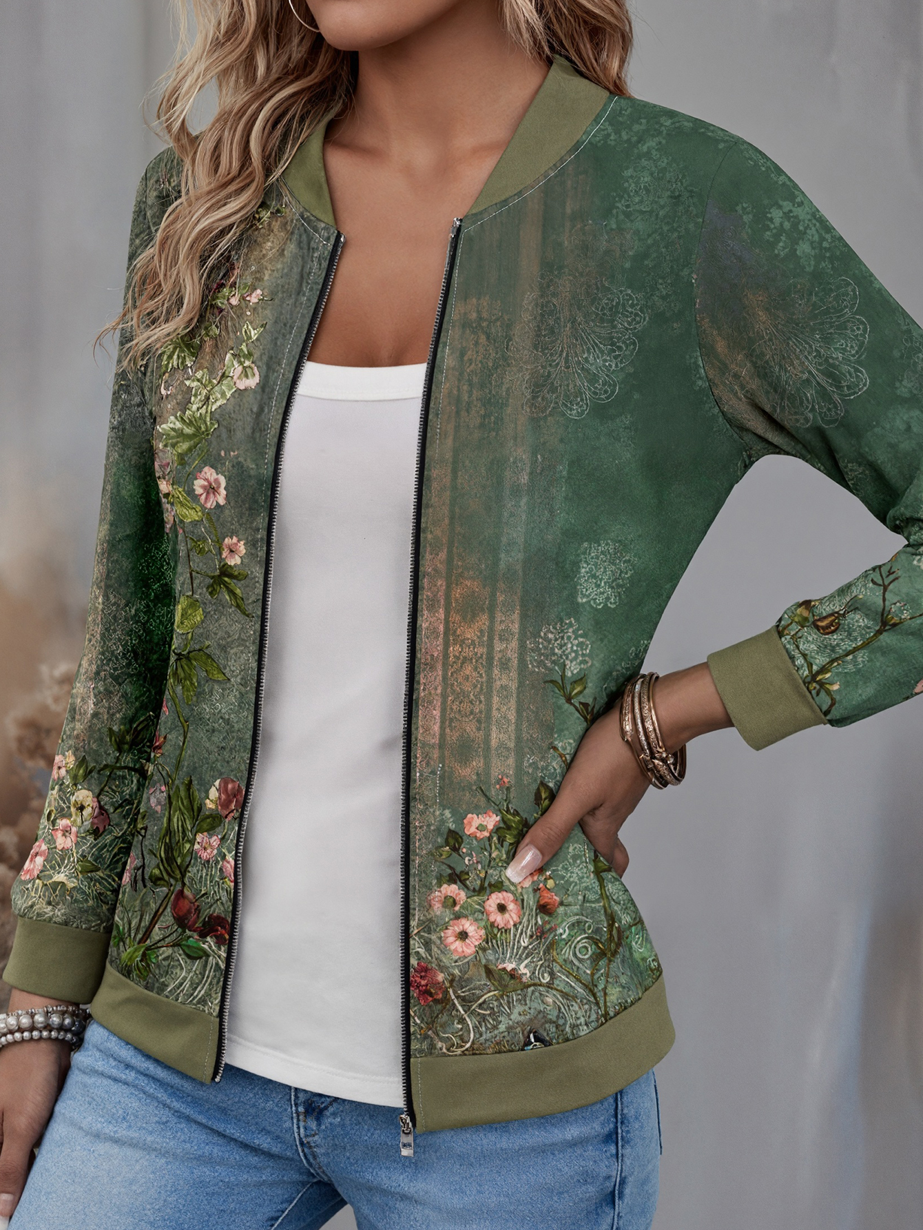 Women's Autumn Retro Mom - Style Lightweight Jacket - Versatile Office & Vacation Green Printed Jacket-CF25124