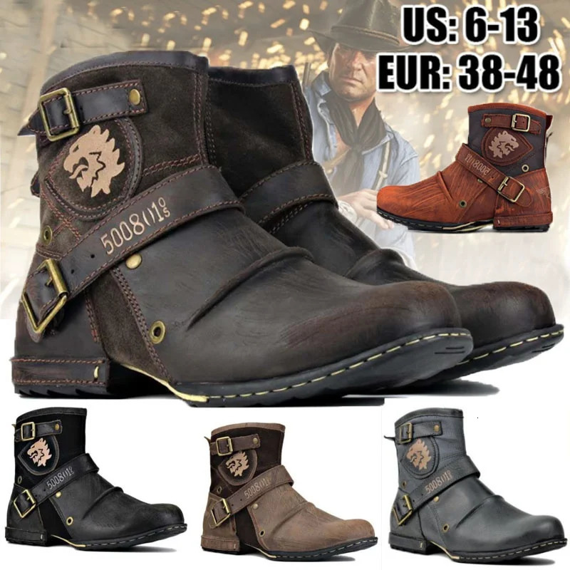 Mens Ankle Boots High Quality Cowboy Boots Men Metal Buckle Side Zipper Motorcycle Boots Gothic Boots Retro Western Boots 251010