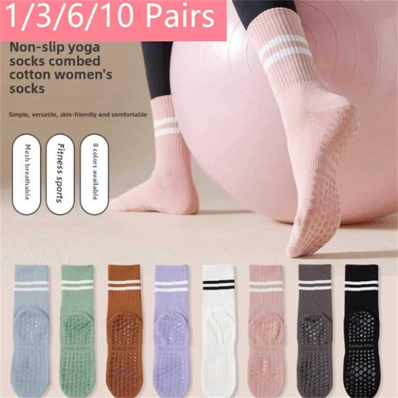 13610 Pair Anti Slip Yoga Socks Female Medium Tube Socks lady Anti Slip Silicone Indoor Fitness Pilates Womens Sports SocksW251011