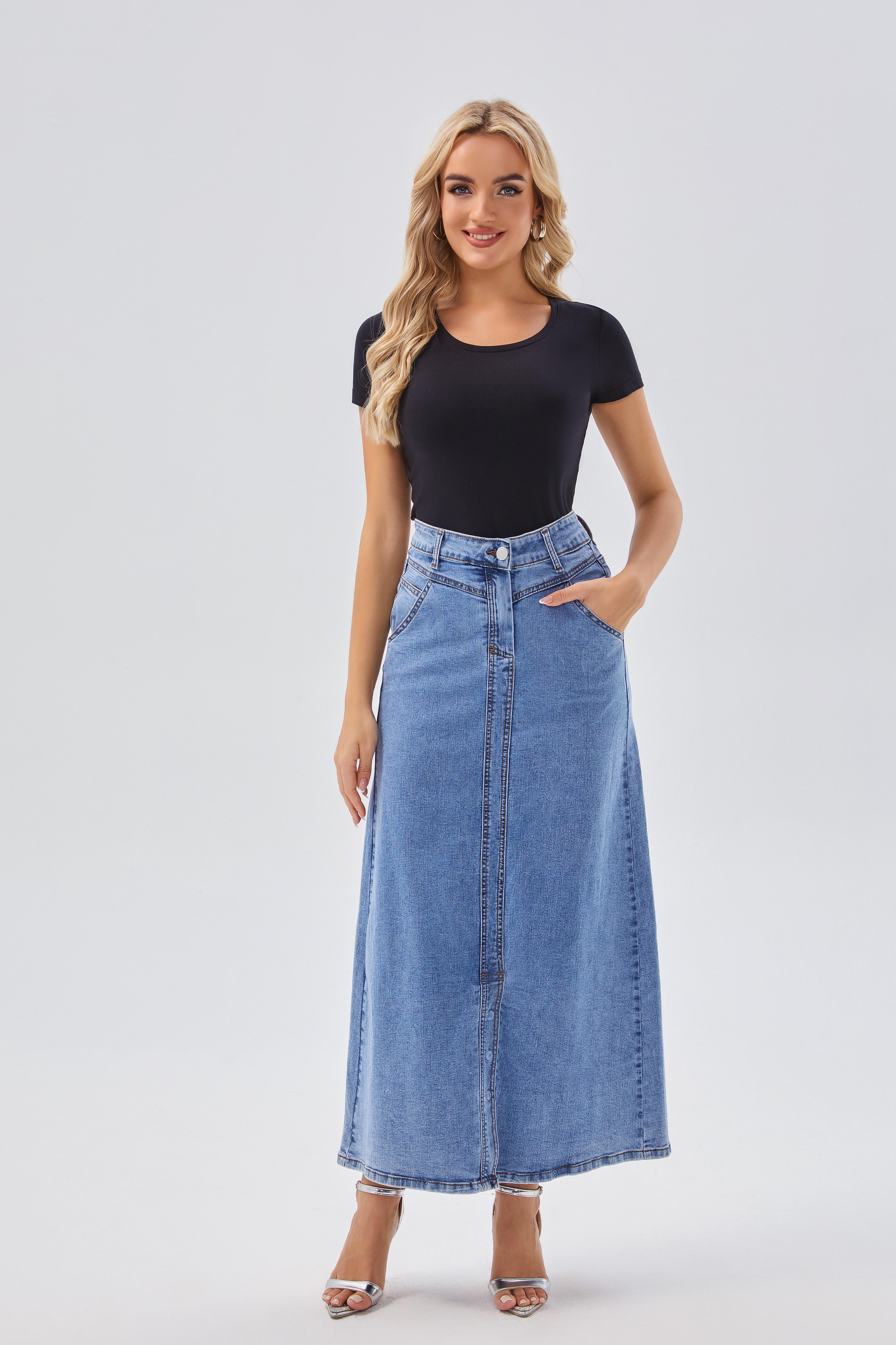 Skirts Women's High - Waisted Button - Front Denim Maxi Skirt - Casual & Versatile, Ideal for Daily & Weekend Wear